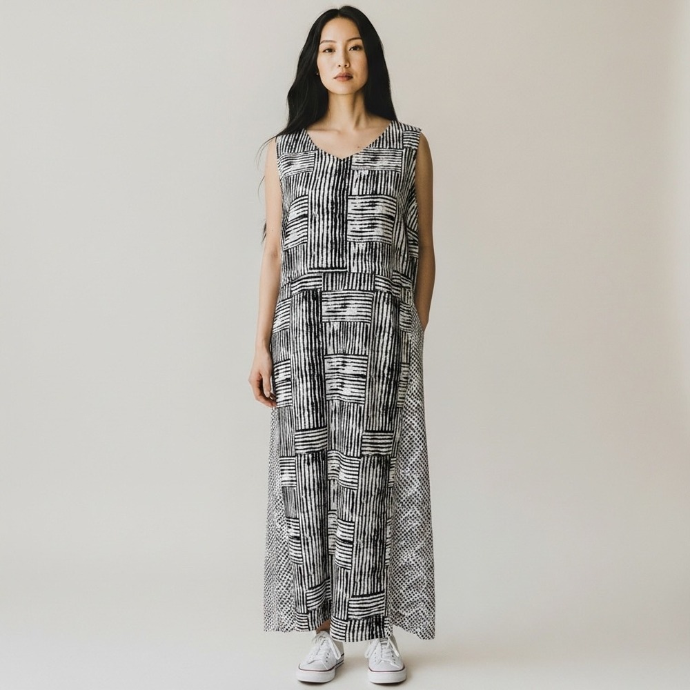 HABITAT‎ Linen Dress Women M Loose Fit Relaxed Abstract Lagenlook Travel Comfort